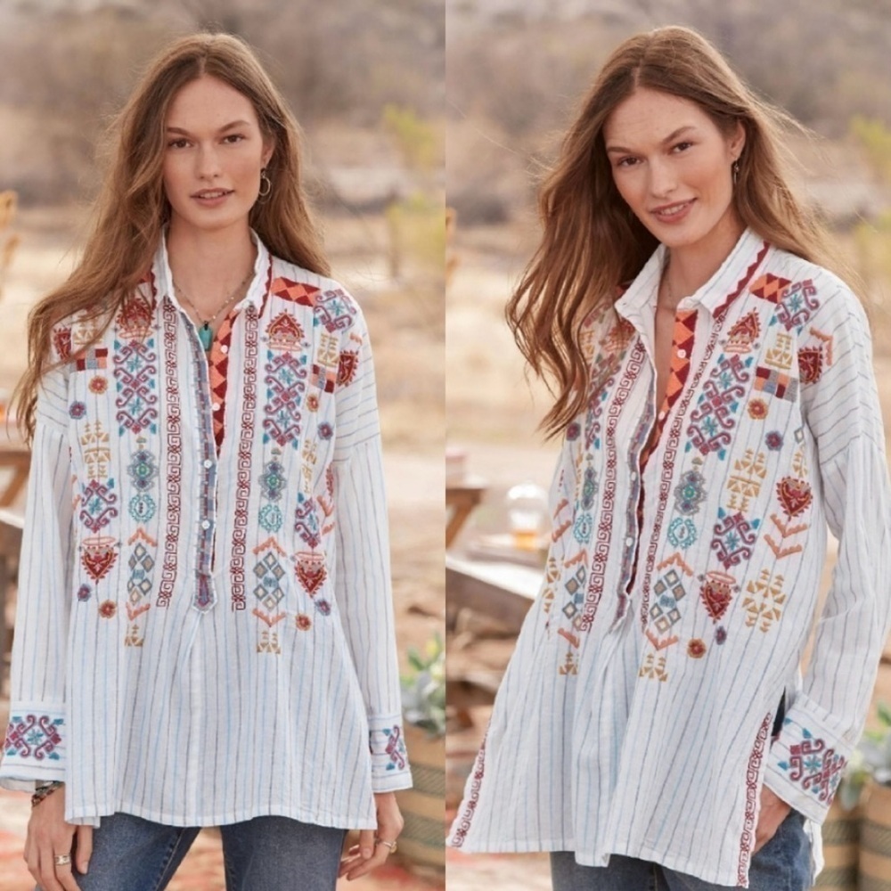 Johnny Was Clapton Stripe Blouse Embroidered Linen Cotton Blend White Medium - Picture 2 of 10